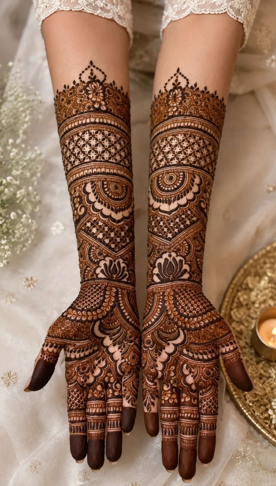 Arabic Bridal Front Hand Mehndi Design with Gol Tikki, Figures and Lotus for Engagement