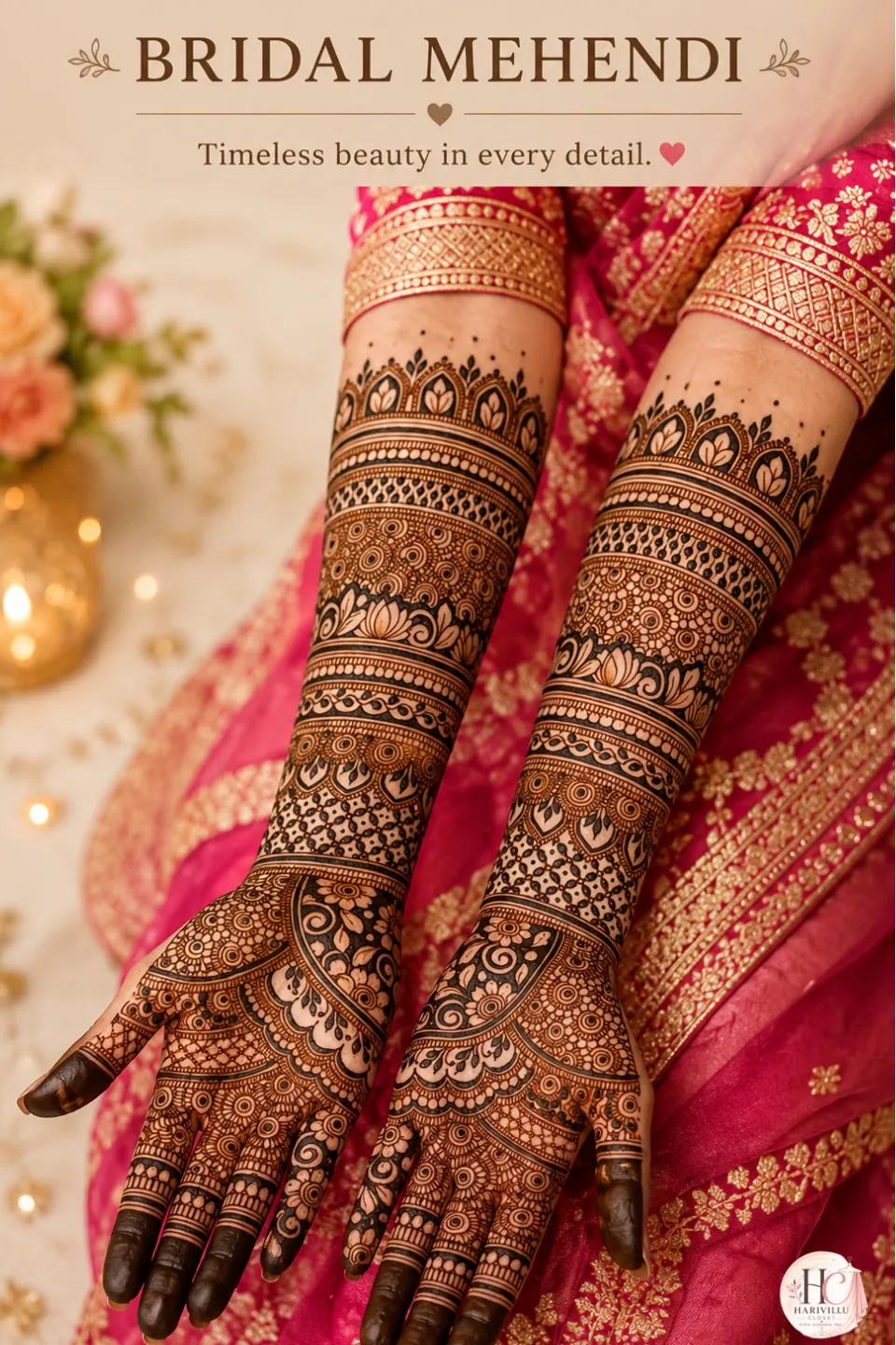 Aesthetic Bridal Back Hand Mehndi Design with Figures, Hearts and Jaal