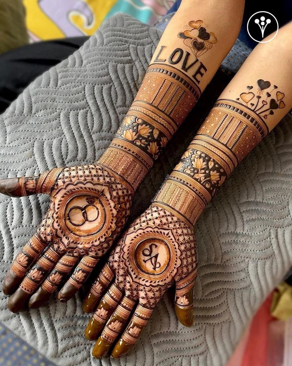 Arabic Bridal Front Hand Mehndi Design with Figures, Hearts and Hidden Name for Engagement (2)