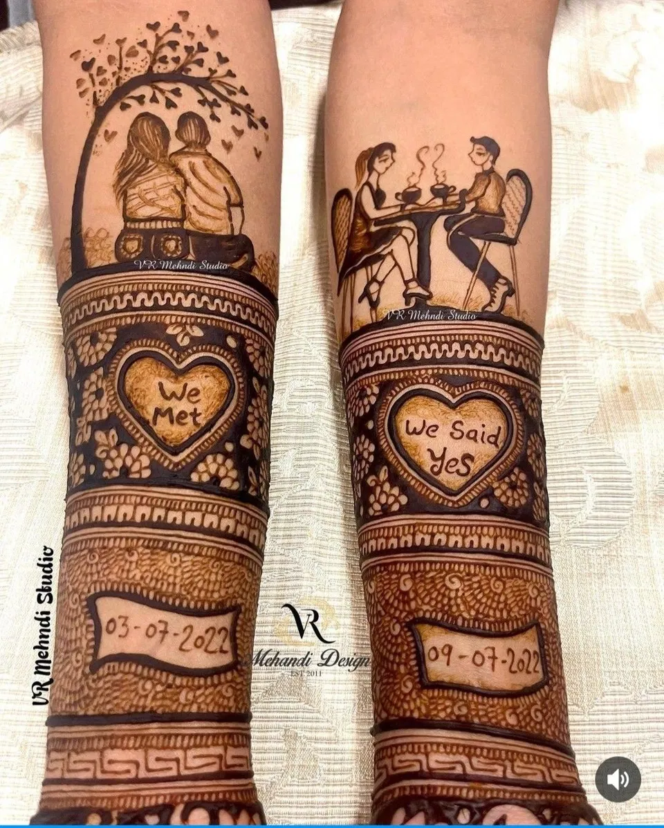 Bridal Stylish Foot Mehndi Design with Figures, Hearts and Jaal for Engagement