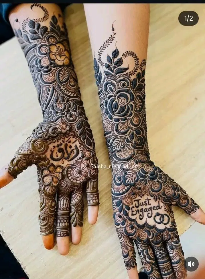 Bridal Front Hand Mehndi Design with Figures and Peacock for Engagement (2)