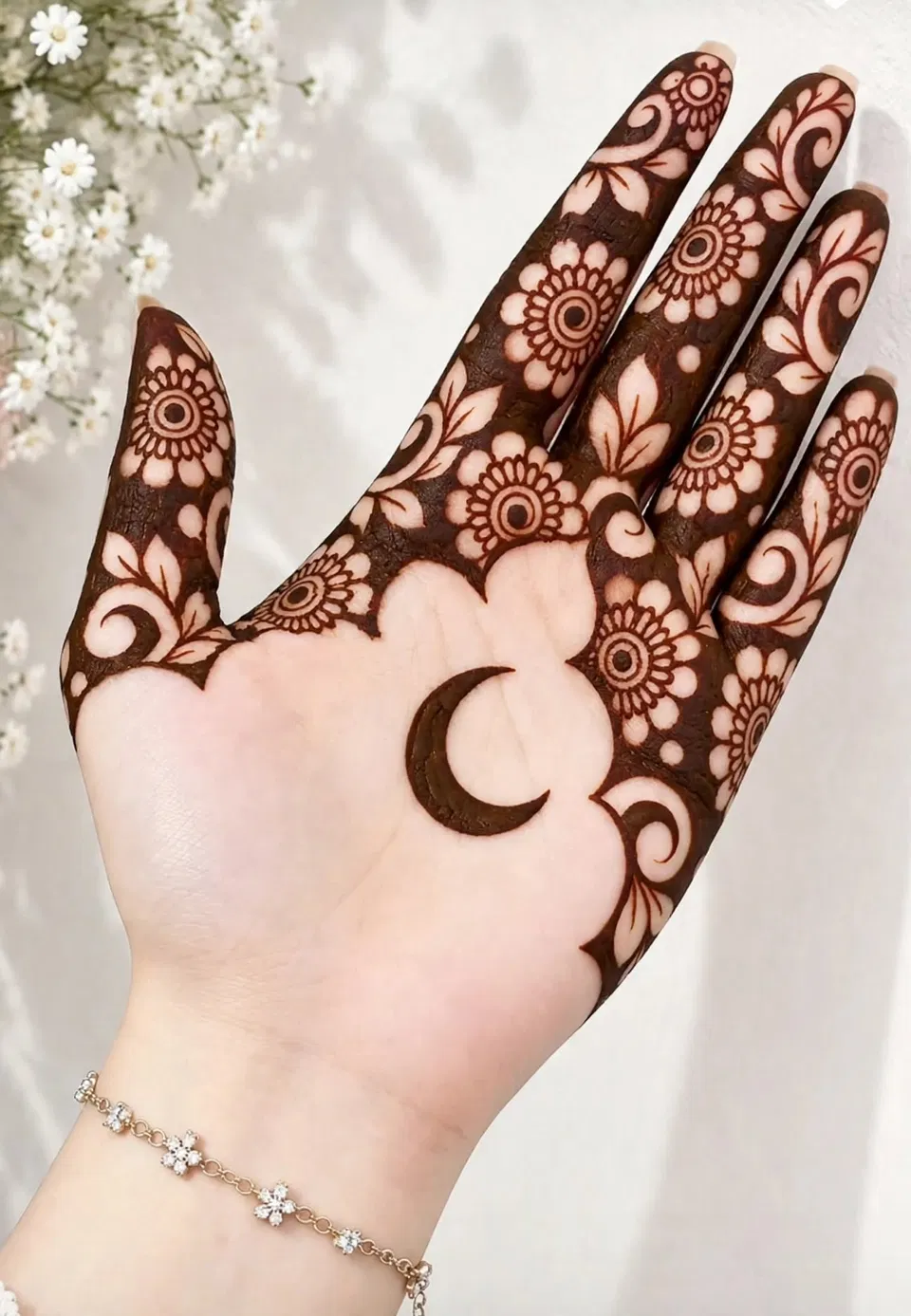Aesthetic Simple Front Hand Mehndi Design with Moon for Eid