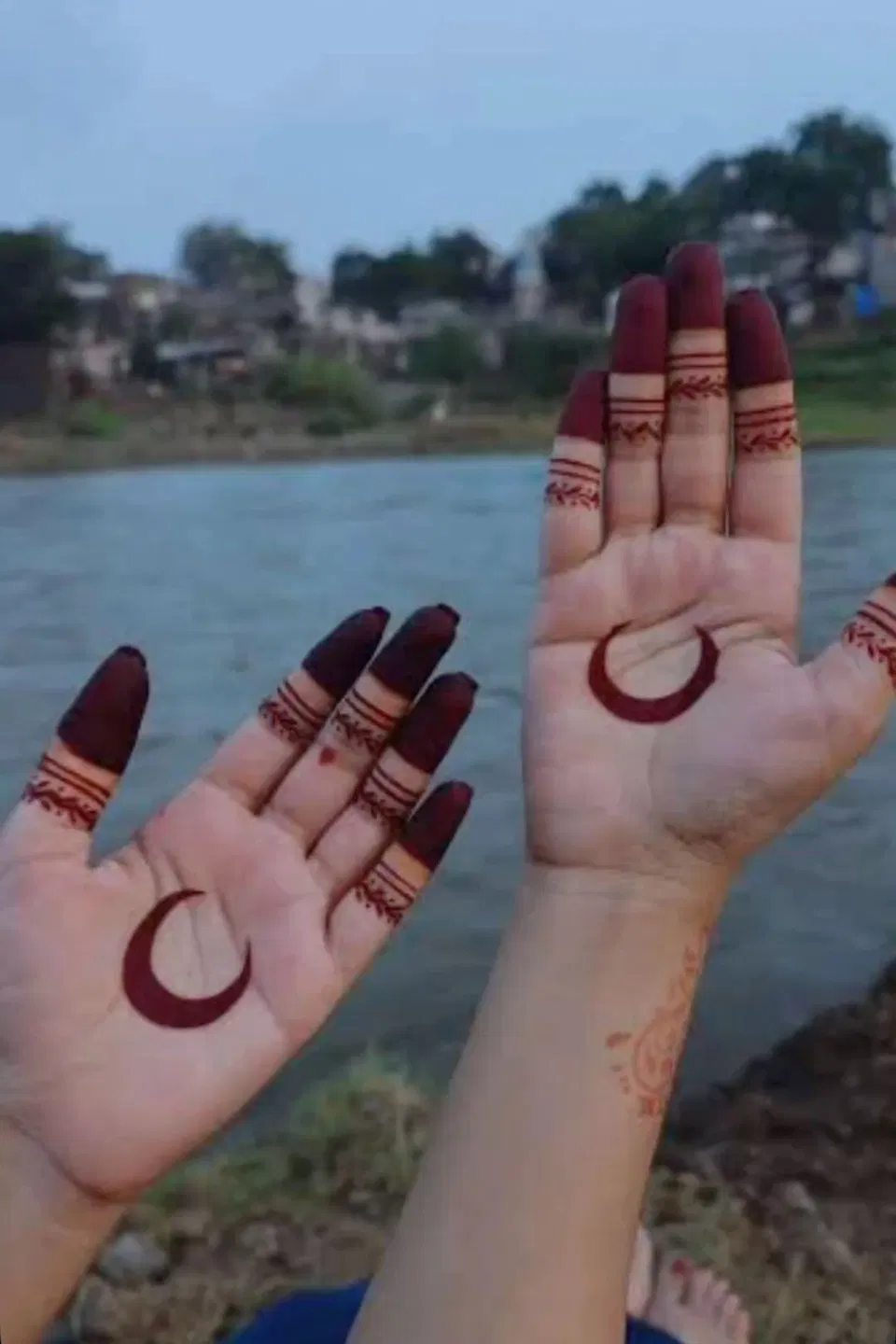 Aesthetic Simple Finger Mehndi Design with Gol Tikki, Jaal and Moon for Karwa Chauth (3)