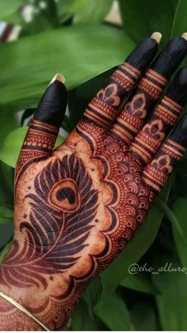 Bridal Front Hand Mehndi Design with Deity and Peacock