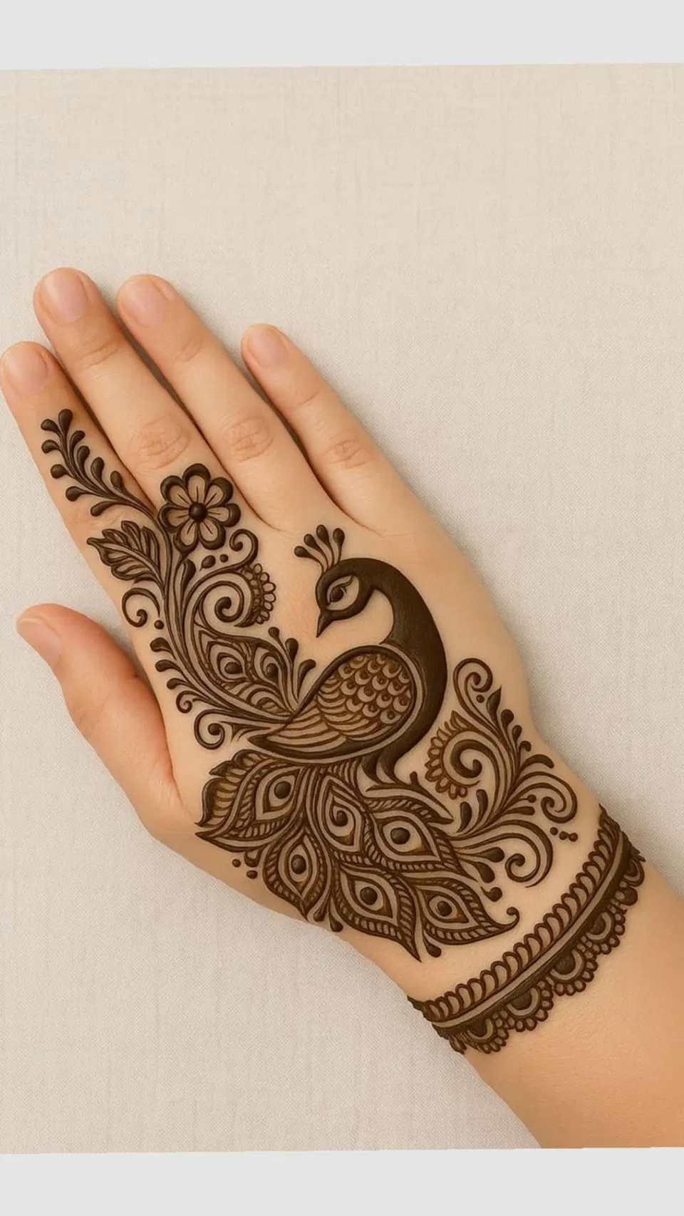 Stylish Full Hand Mehndi Design with Peacock