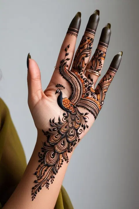 stylish peacock front hand mehndi design