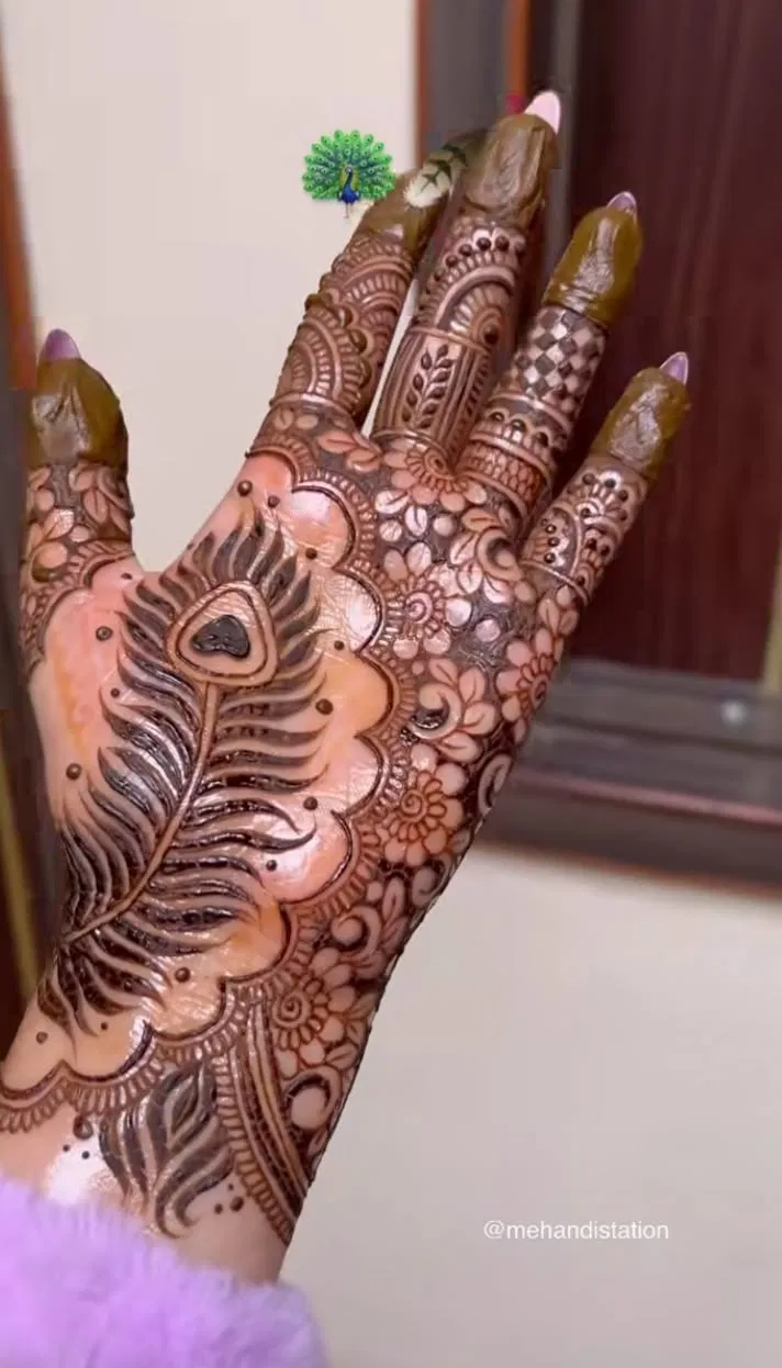 Stylish Front Hand Mehndi Design with Deity and Peacock