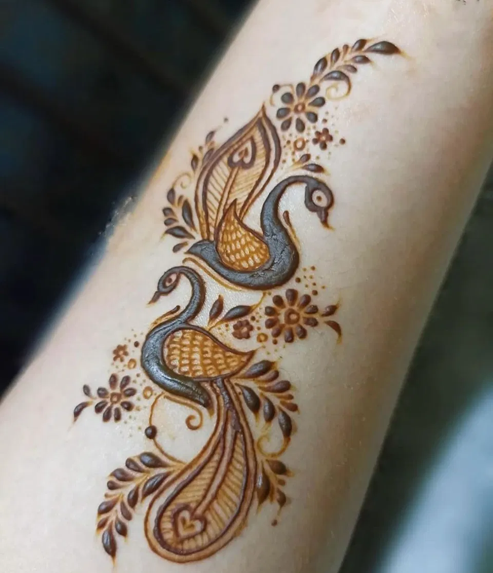 Arabic Simple Arm Mehndi Design with Flowers and Peacock