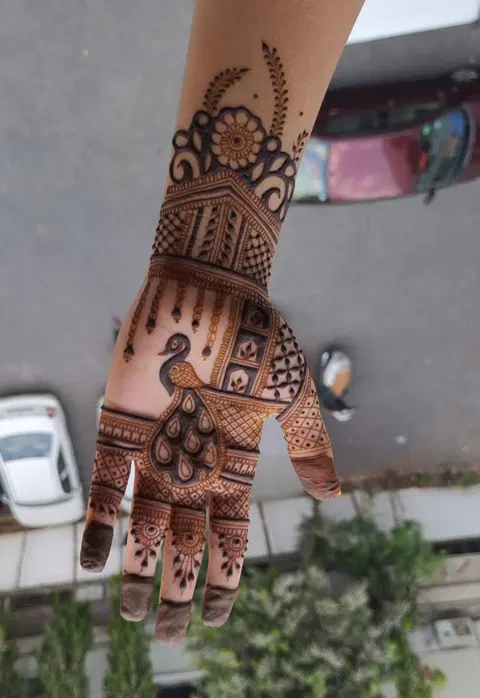 indian stylish peacock front hand mehndi design