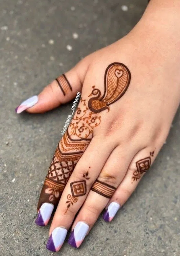 Simple Back Hand Mehndi Design with Peacock (3)