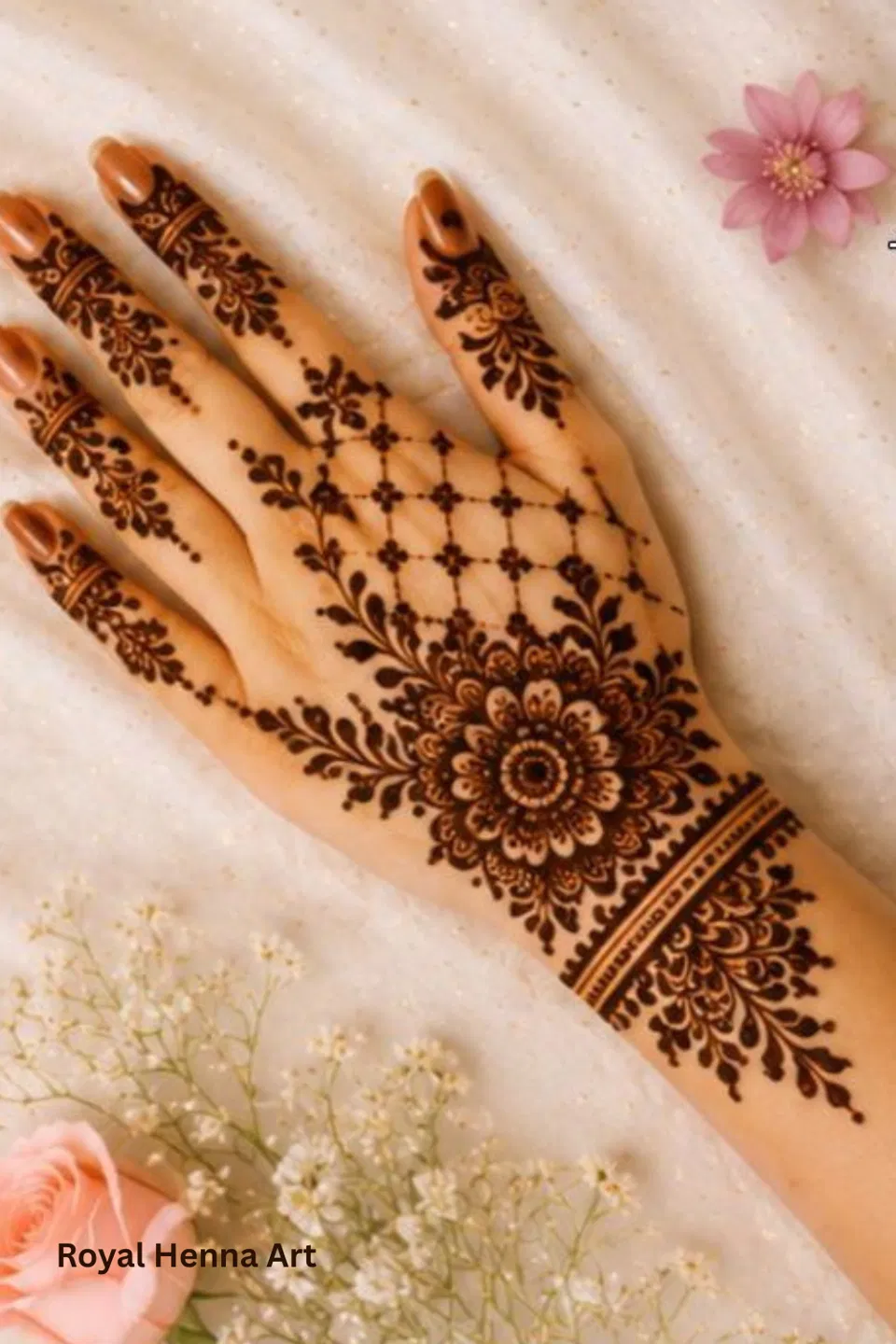 Aesthetic Royal Back Hand Mehndi Design with Flowers (4)
