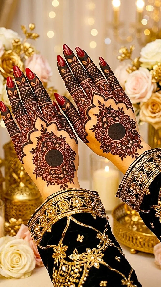 Aesthetic Bridal Back Hand Mehndi Design with Gol Tikki, Flowers and Jaal (13)