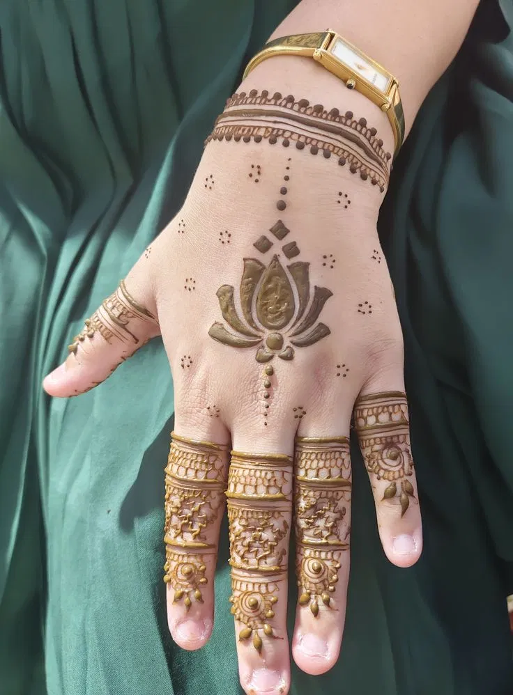 Simple Back Hand Mehndi Design with Jaal and Lotus (2)