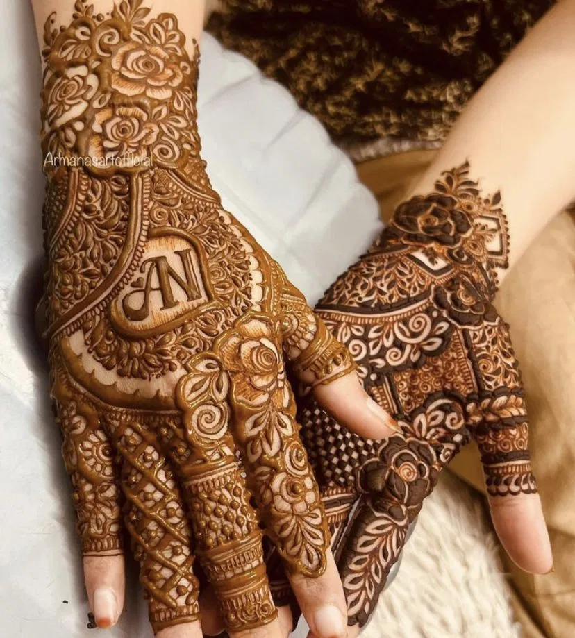 Bridal Full Hand Mehndi Design with Figures and Hidden Name (2)