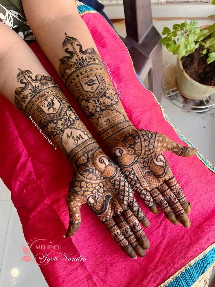 Bridal Indian Front Hand Mehndi Design with Deity, Figures and Jaal for Engagement