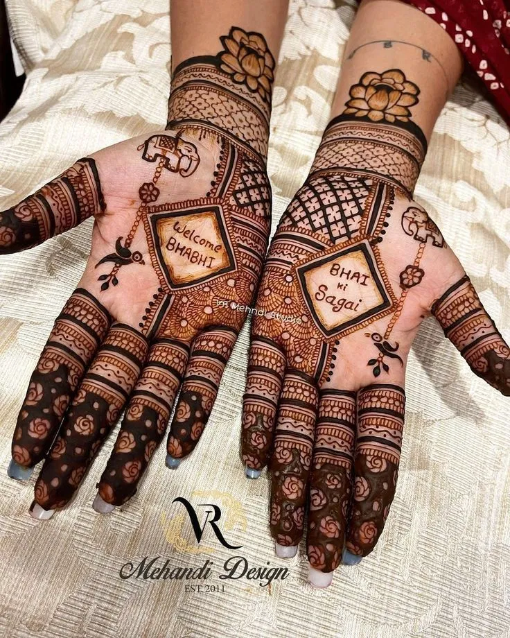 Bridal Indian Front Hand Mehndi Design with Figures and Hearts for Diwali (3)