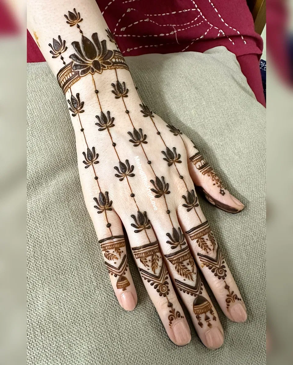 Aesthetic Bridal Finger Mehndi Design with Figures and Jaal