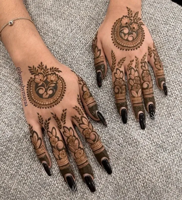 Bridal Simple Back Hand Mehndi Design with Gol Tikki, Jaal and Lotus for Diwali