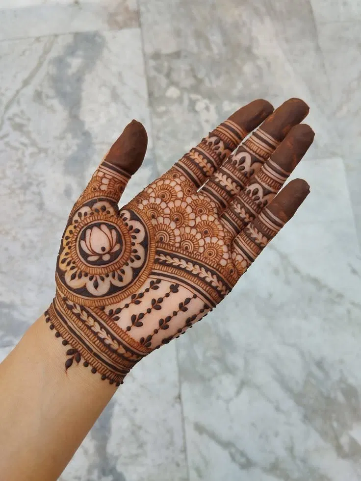 Front Hand Mehndi Design with Gol Tikki and Lotus for Diwali