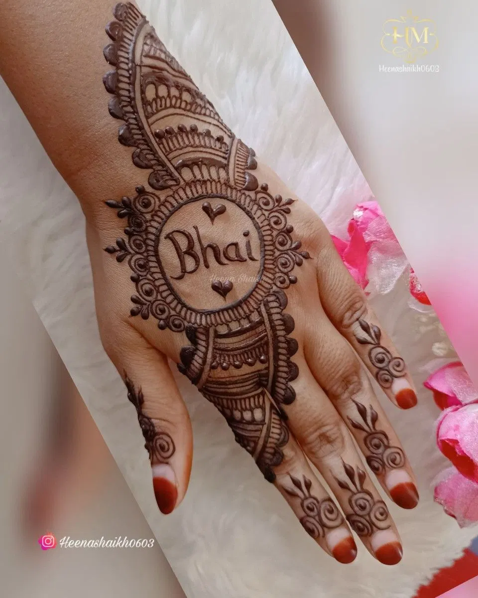 Simple Back Hand Mehndi Design with Gol Tikki and Hearts for Diwali