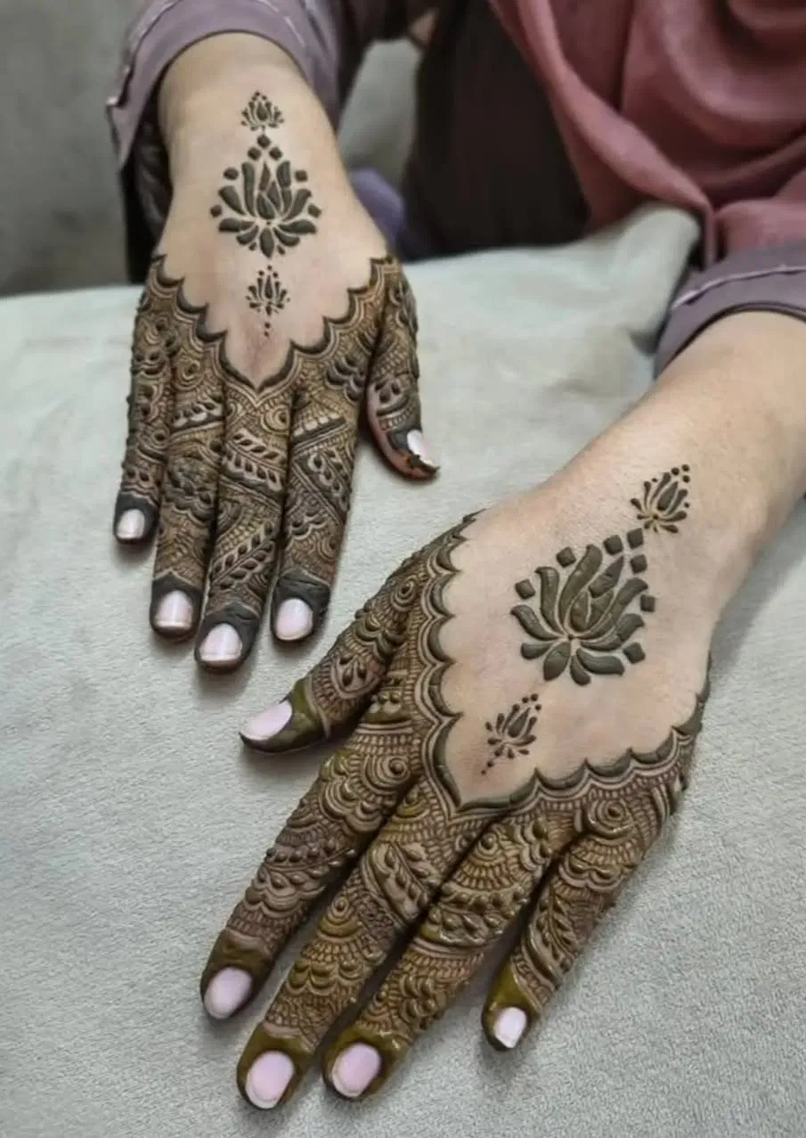 Arabic Bridal Back Hand Mehndi Design with Lotus for Diwali