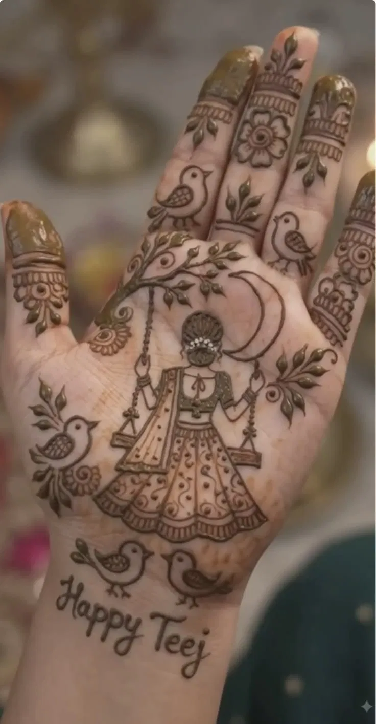 Simple Back Hand Mehndi Design with Figures and Moon for Teej