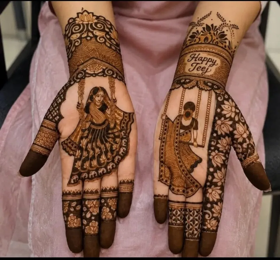 Bridal Stylish Full Hand Mehndi Design with Deity and Figures for Engagement (4)