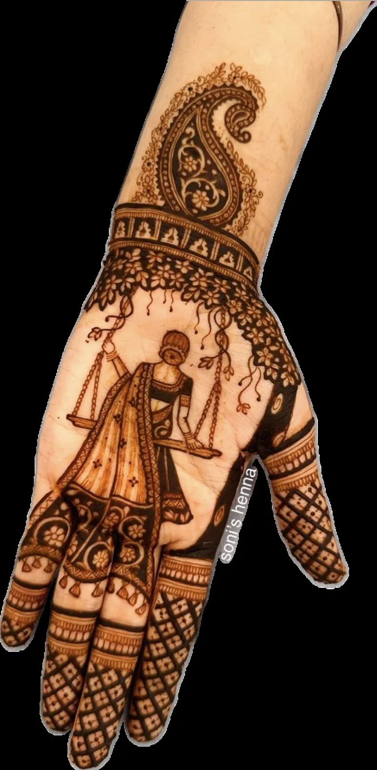 Stylish Front Hand Mehndi Design with Figures for Teej (3)