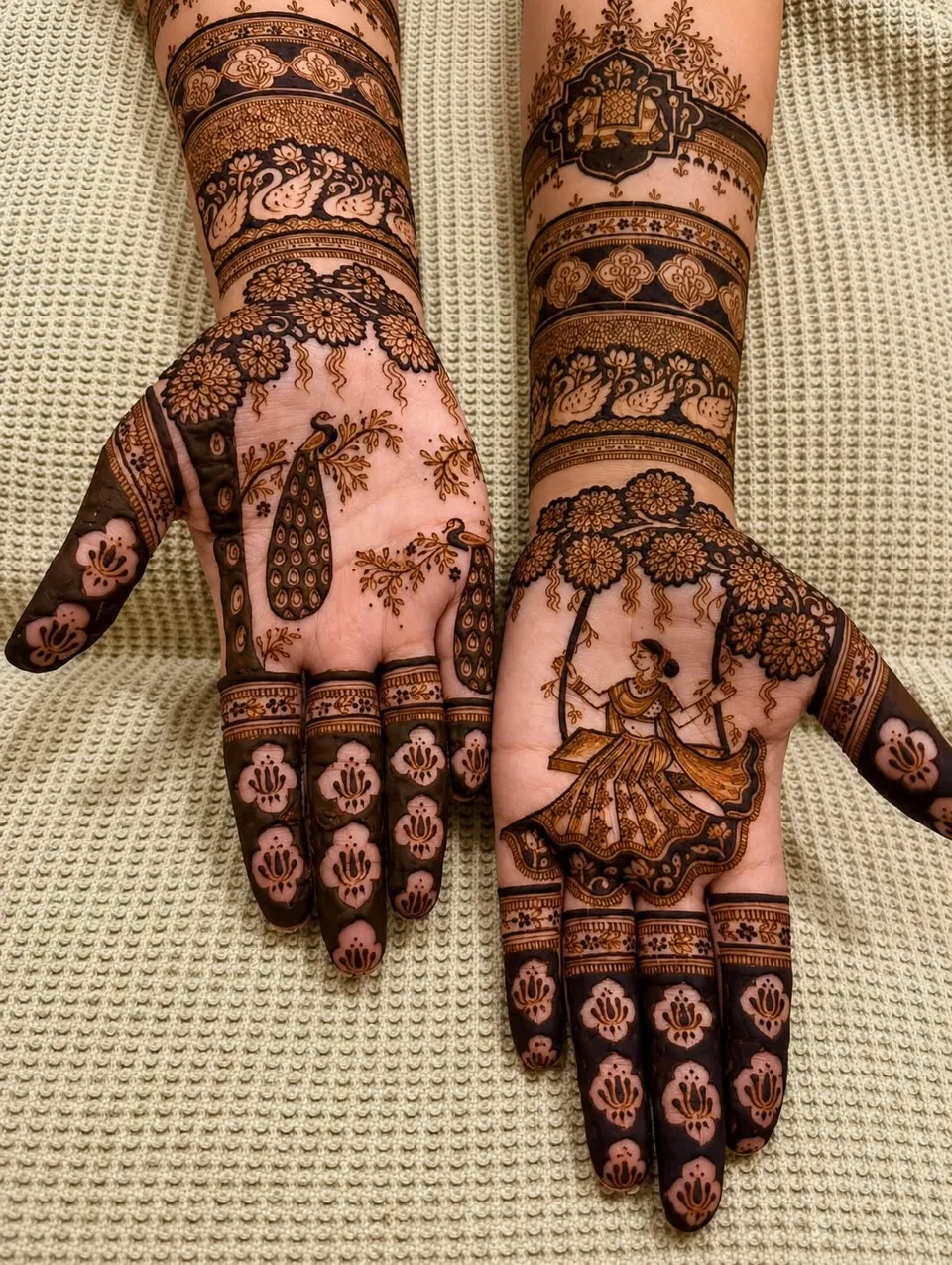 Bridal Stylish Mehndi Design with Figures and Peacock