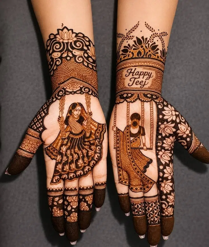 Bridal Stylish Full Hand Mehndi Design with Deity and Figures for Teej (5)
