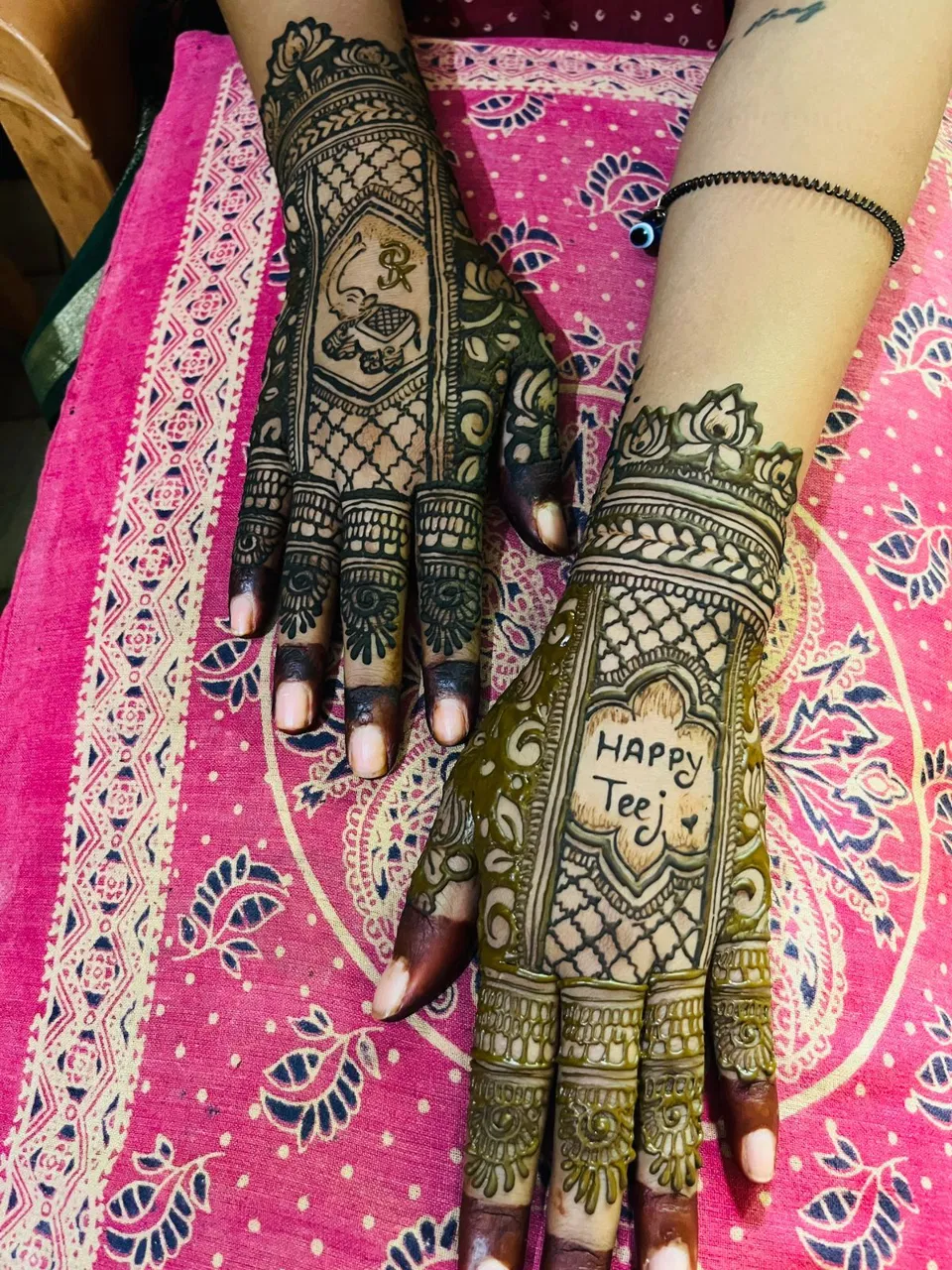 Heavy Royal Front Hand Mehndi Design with Figures and Hearts