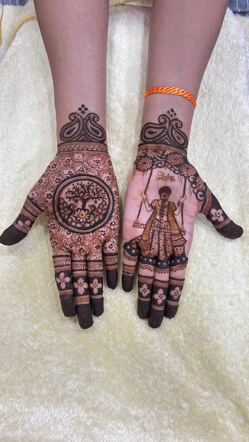 Front Hand Mehndi Design with Gol Tikki and Figures for Teej