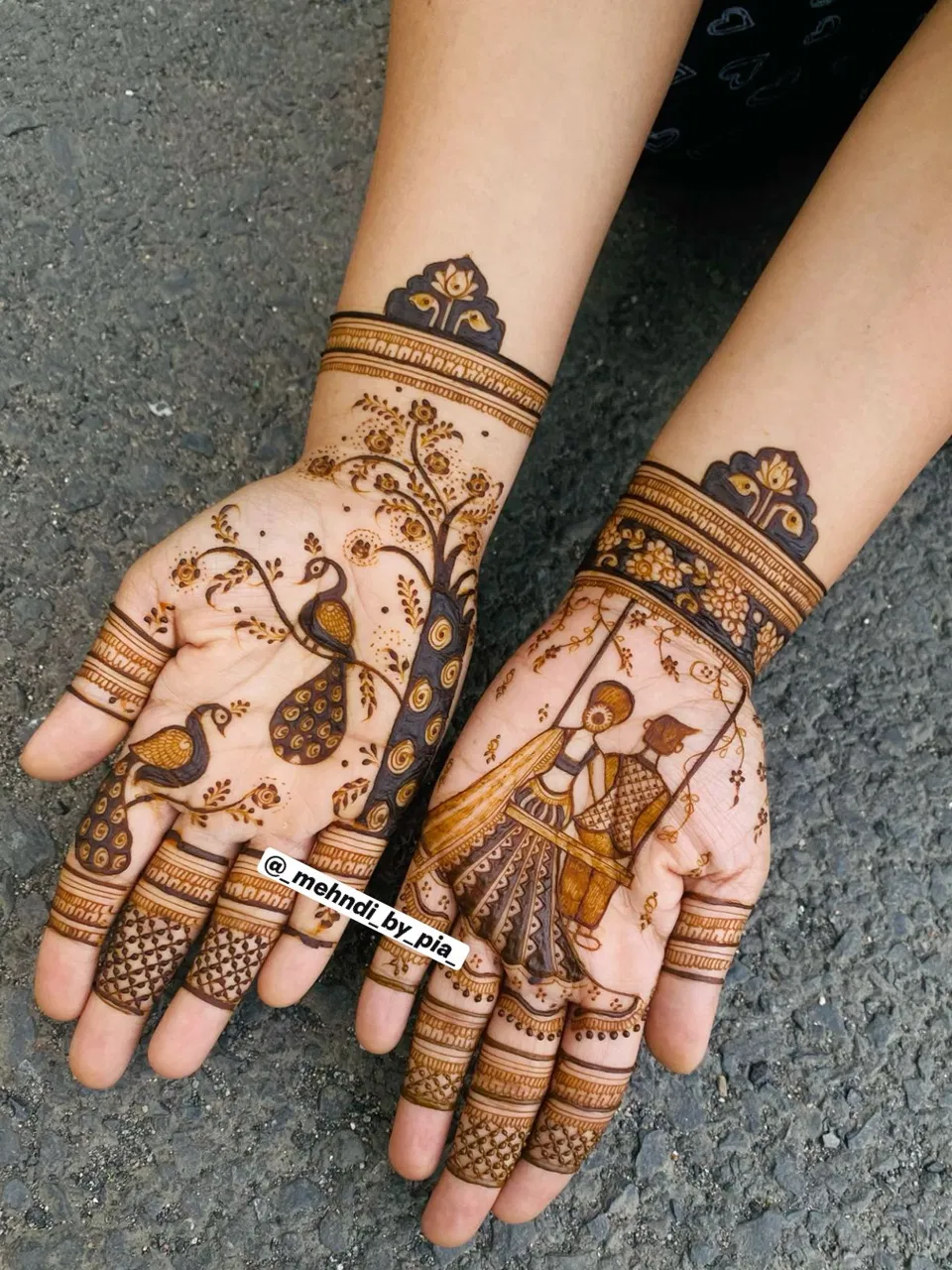Stylish Front Hand Mehndi Design with Figures and Hearts for Teej