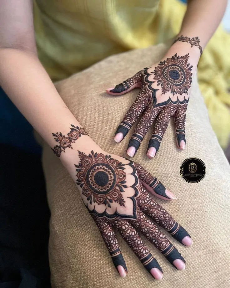 Bridal Stylish Back Hand Mehndi Design with Gol Tikki for Eid