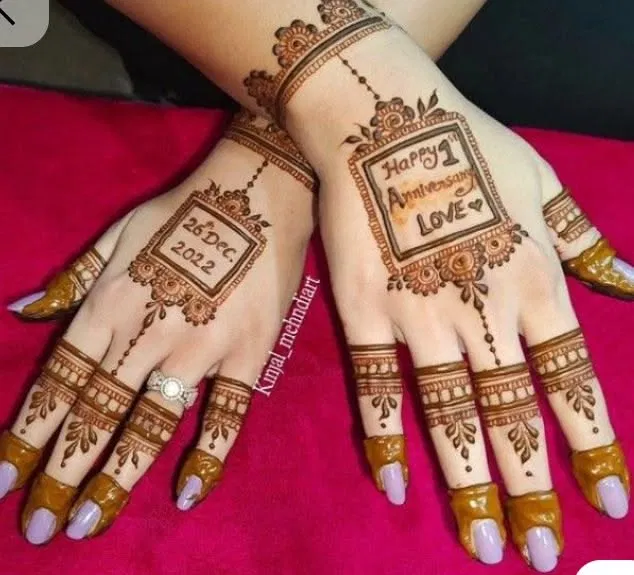 Arabic Bridal Back Hand Mehndi Design with Gol Tikki and Hearts for Raksha Bandhan