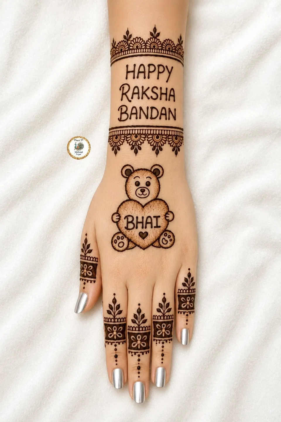 Simple Back Hand Mehndi Design with Figures and Hearts