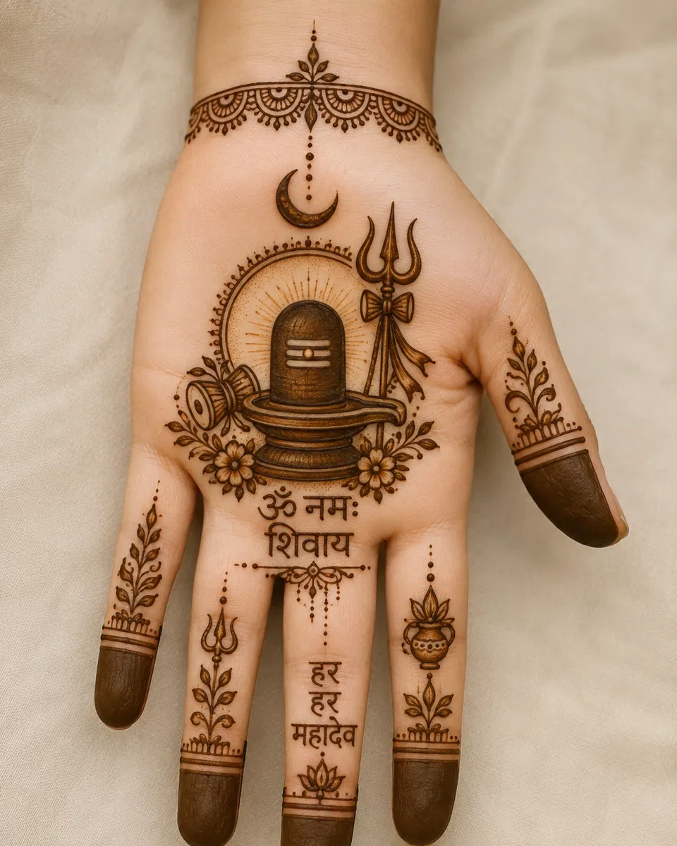 Simple Stylish Back Hand Mehndi Design with Deity and Jaal for Shivratri (2)