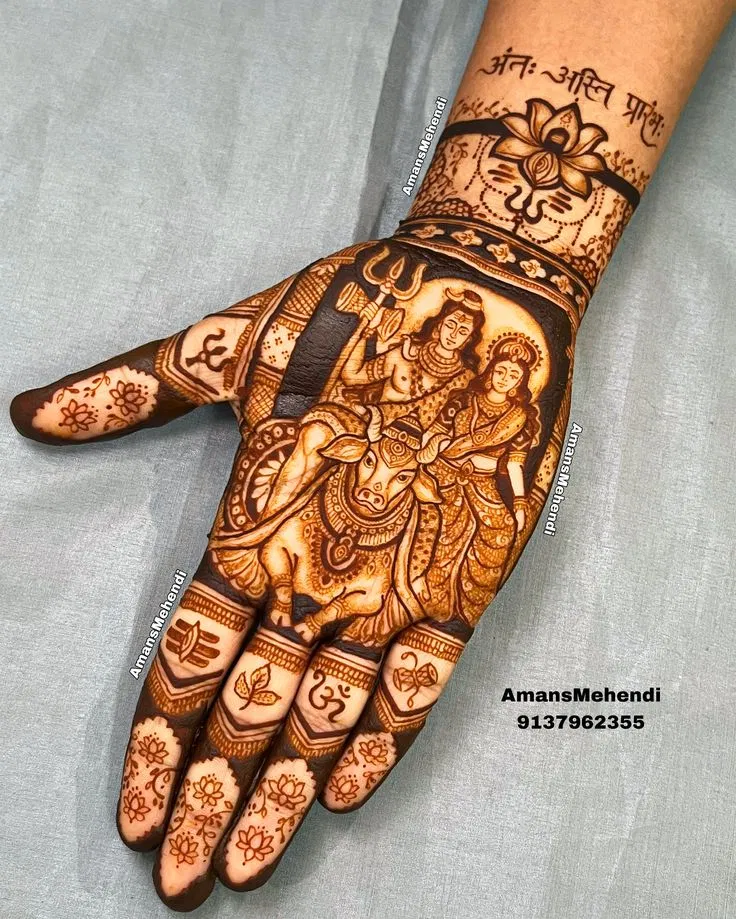 Bridal Mehndi Design with Deity and Figures for Sawan