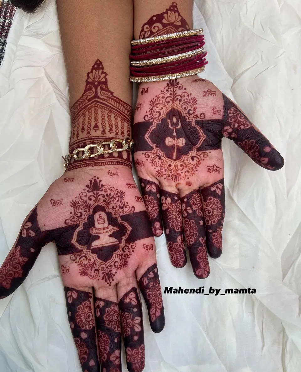Bridal Front Hand Mehndi Design with Deity and Figures for Sawan