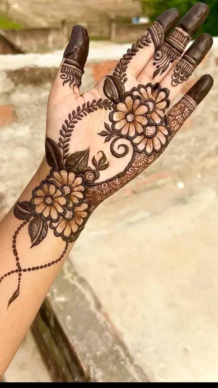 Arabic Stylish Back Hand Mehndi Design with Flowers (7)