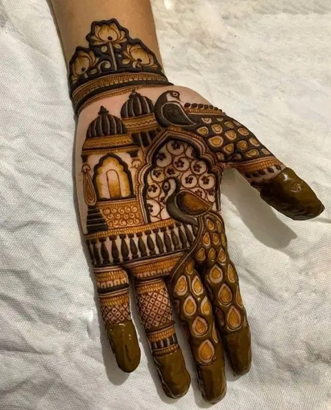 aesthetic indian peacock front hand mehndi design