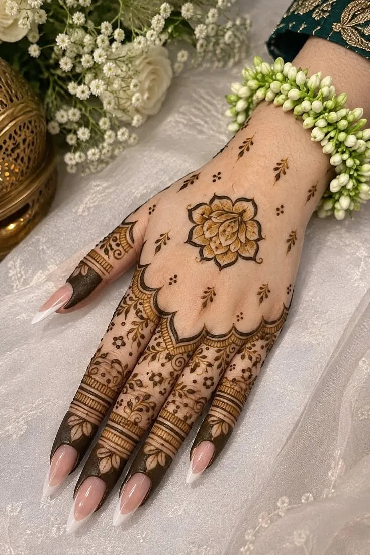 Aesthetic Indian Back Hand Mehndi Design with Flowers and Lotus