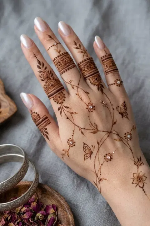 aesthetic arabic butterfly back hand mehndi design