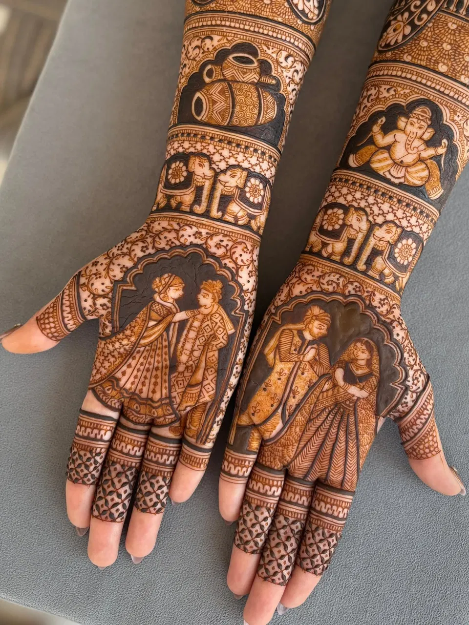 Aesthetic Bridal Full Hand Mehndi Design with Figures