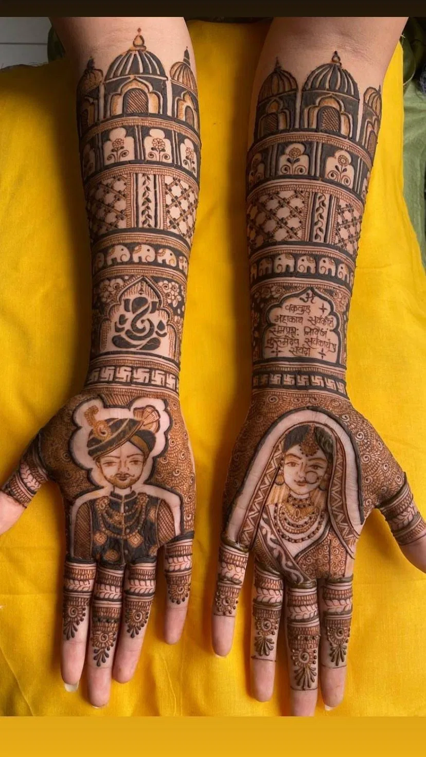 Bridal Indian Front Hand Mehndi Design with Deity and Figures (2)
