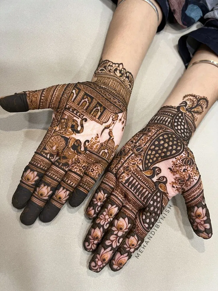 Bridal Stylish Back Hand Mehndi Design with Figures, Lotus and Peacock for Engagement