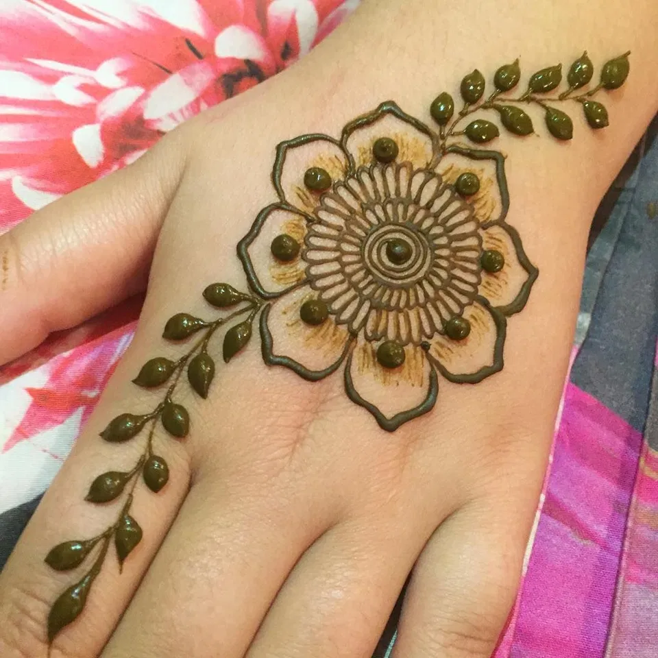 Arabic Front Hand Mehndi Design with Gol Tikki and Flowers for Diwali