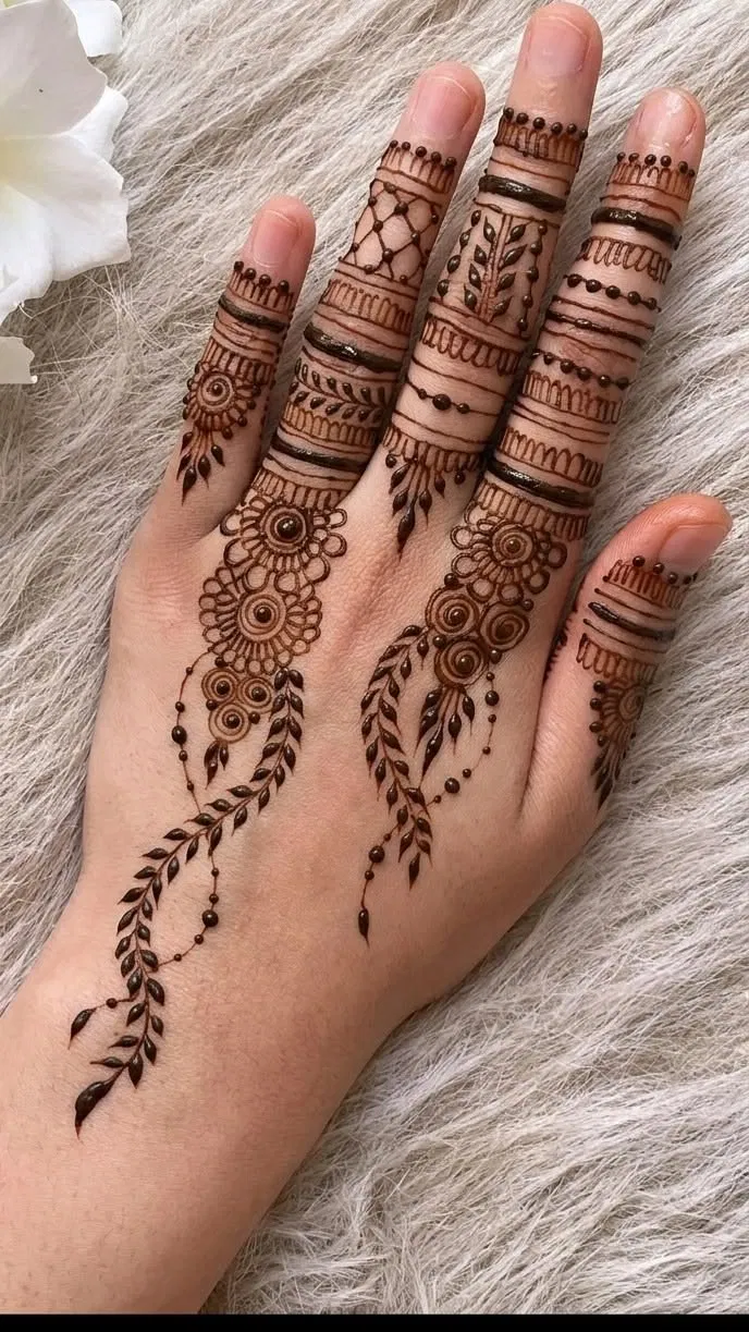 Aesthetic Arabic Back Hand Mehndi Design with Gol Tikki and Flowers (51)