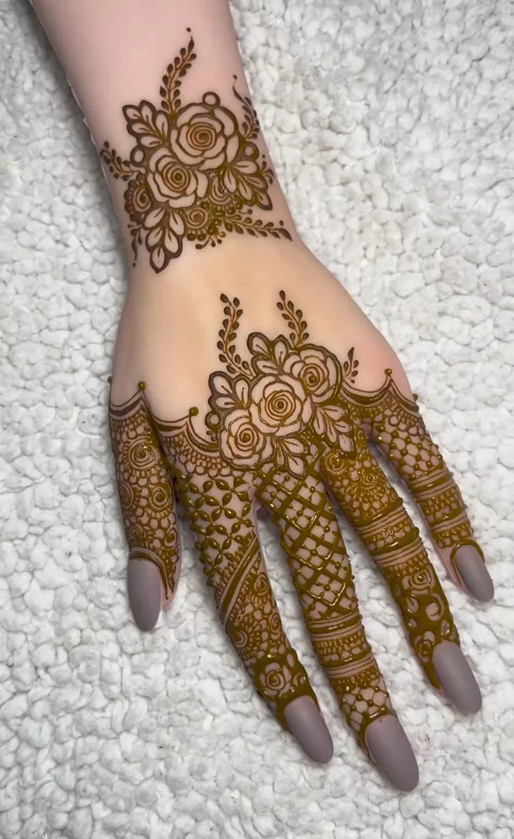 Aesthetic Pakistani Back Hand Mehndi Design with Deity and Flowers