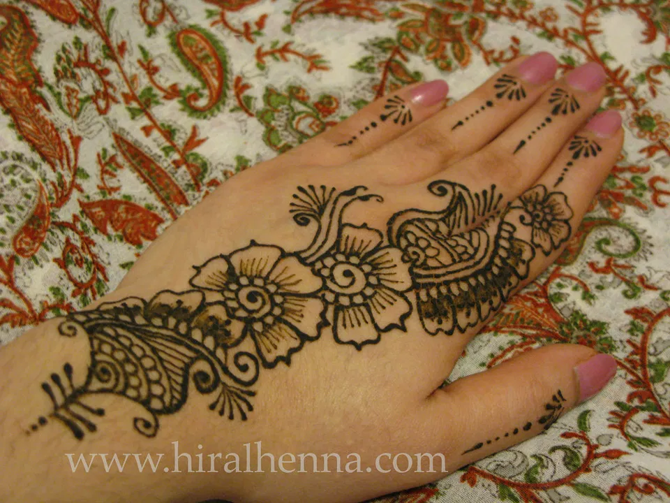 Arabic Indian Back Hand Mehndi Design with Flowers and Peacock